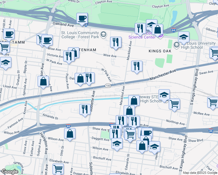 map of restaurants, bars, coffee shops, grocery stores, and more near 5510 Manchester Avenue in St. Louis