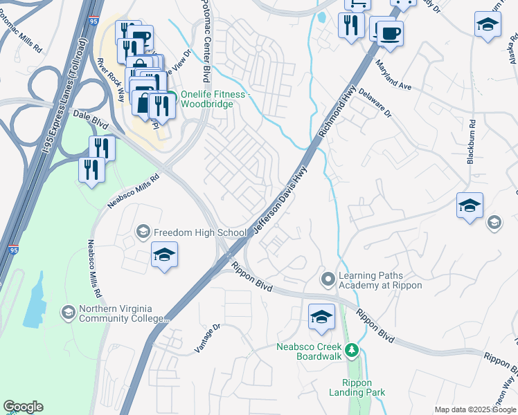 map of restaurants, bars, coffee shops, grocery stores, and more near 15250 Torbay Way in Woodbridge