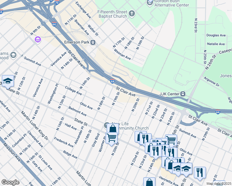 map of restaurants, bars, coffee shops, grocery stores, and more near 1840 Saint Clair Avenue in East St. Louis