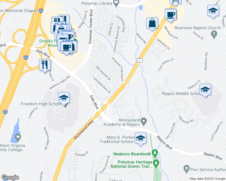 map of restaurants, bars, coffee shops, grocery stores, and more near 15250 Torbay Way in Woodbridge
