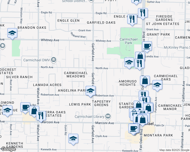 map of restaurants, bars, coffee shops, grocery stores, and more near 3226 Garfield Avenue in Carmichael