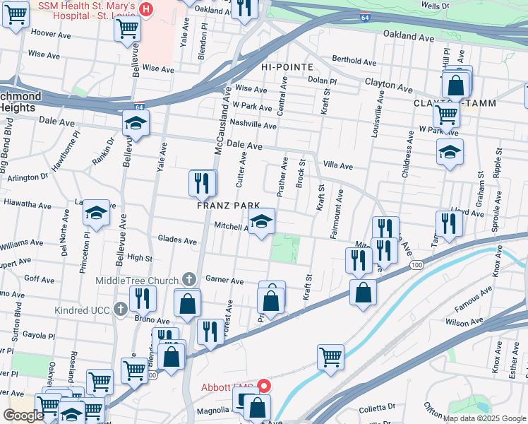 map of restaurants, bars, coffee shops, grocery stores, and more near 6818 Plateau Avenue in St. Louis