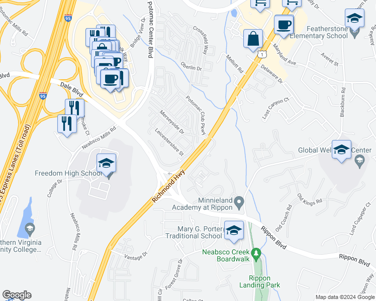map of restaurants, bars, coffee shops, grocery stores, and more near 15252 Torbay Way in Woodbridge