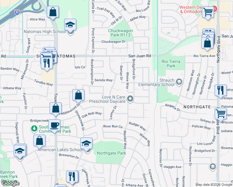 map of restaurants, bars, coffee shops, grocery stores, and more near 18 Alvares Court in Sacramento
