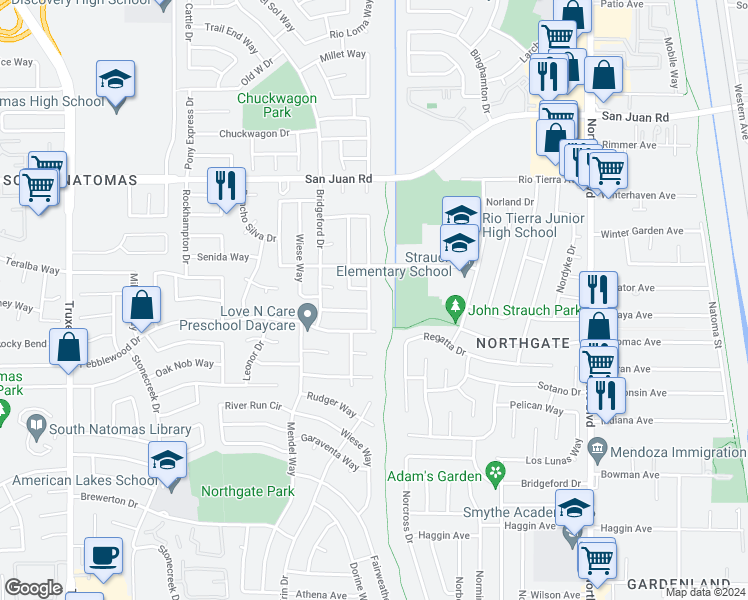 map of restaurants, bars, coffee shops, grocery stores, and more near 3070 Montview Way in Sacramento