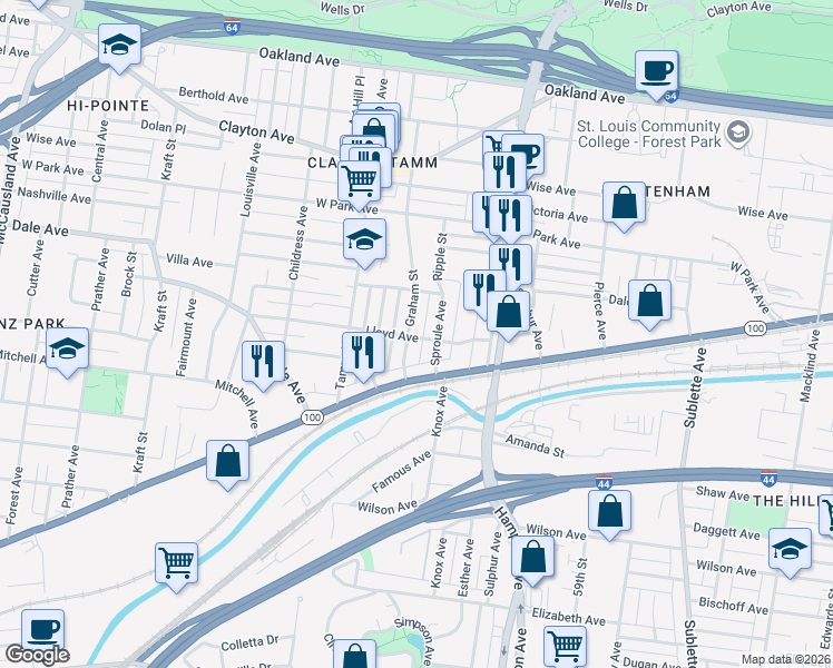 map of restaurants, bars, coffee shops, grocery stores, and more near 1472 Graham Street in St. Louis
