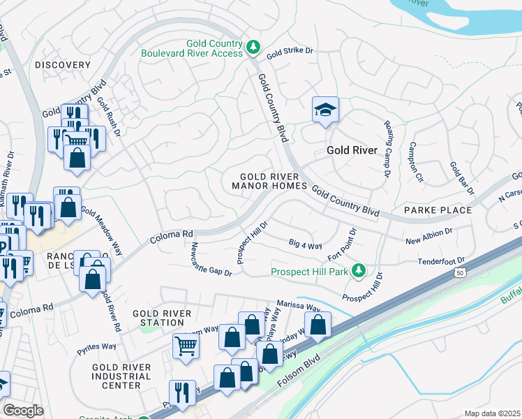 map of restaurants, bars, coffee shops, grocery stores, and more near 11456 Coloma Road in Gold River