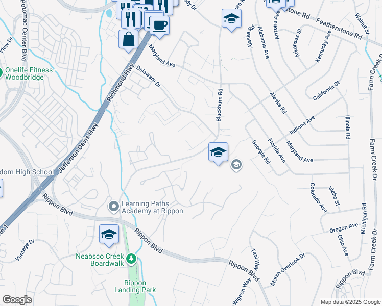 map of restaurants, bars, coffee shops, grocery stores, and more near 1831 Tilletson Place in Woodbridge