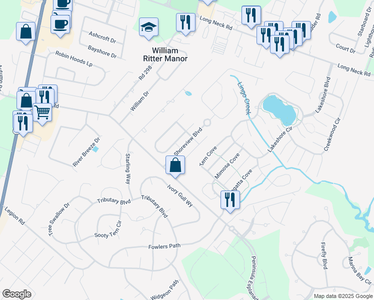 map of restaurants, bars, coffee shops, grocery stores, and more near 32744 Spring Water Drive in Millsboro