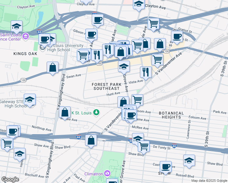 map of restaurants, bars, coffee shops, grocery stores, and more near 4349 Hunt Ave in St Louis