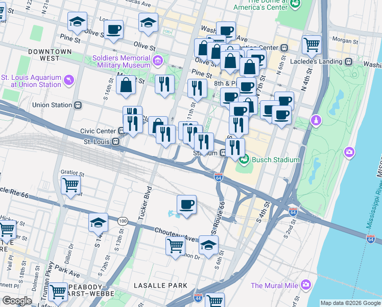 map of restaurants, bars, coffee shops, grocery stores, and more near 1004 Spruce Street in Saint Louis