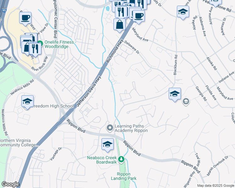 map of restaurants, bars, coffee shops, grocery stores, and more near 15212 Wentwood Lane in Woodbridge