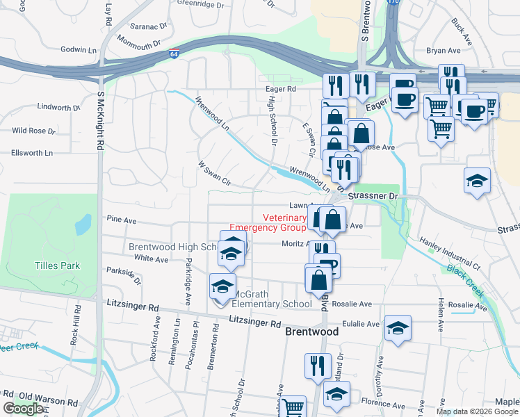 map of restaurants, bars, coffee shops, grocery stores, and more near 9016 Lawn Avenue in Brentwood