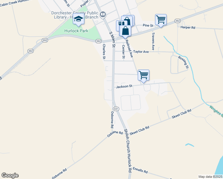 map of restaurants, bars, coffee shops, grocery stores, and more near 518 South Main Street in Hurlock