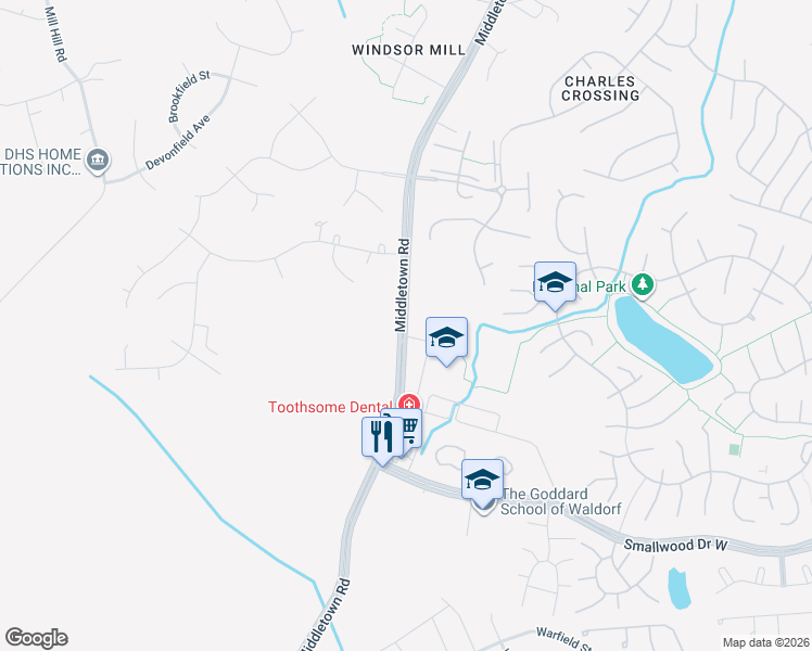 map of restaurants, bars, coffee shops, grocery stores, and more near Middletown Road in Waldorf
