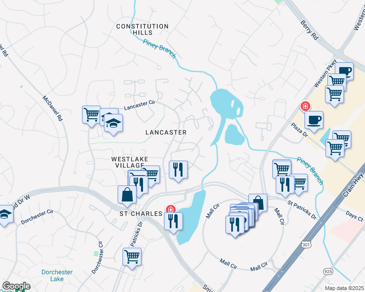 map of restaurants, bars, coffee shops, grocery stores, and more near 4159 Bluebird Drive in Waldorf
