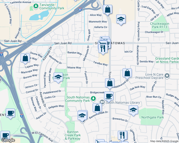 map of restaurants, bars, coffee shops, grocery stores, and more near 1741 Tourney Way in Sacramento