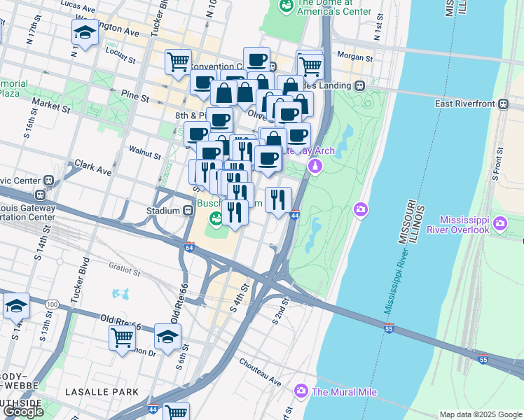 map of restaurants, bars, coffee shops, grocery stores, and more near 200 South Broadway in St. Louis