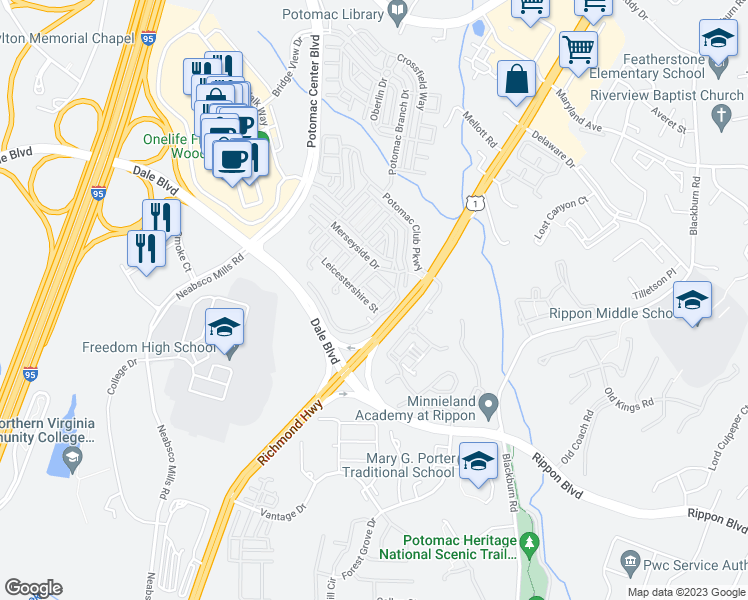 map of restaurants, bars, coffee shops, grocery stores, and more near 15257 Leicestershire Street in Woodbridge