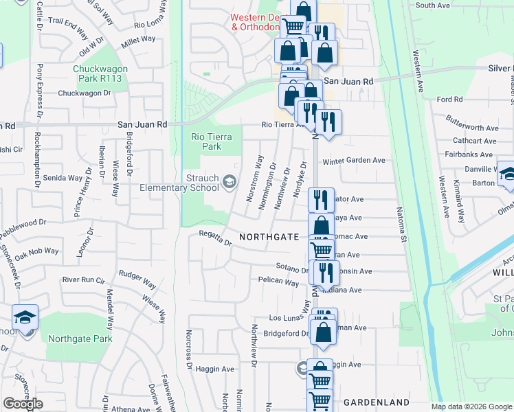 map of restaurants, bars, coffee shops, grocery stores, and more near 3153 Normington Drive in Sacramento