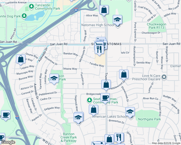 map of restaurants, bars, coffee shops, grocery stores, and more near 1691 Tourney Way in Sacramento