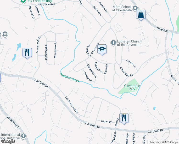 map of restaurants, bars, coffee shops, grocery stores, and more near 3815 Claremont Lane in Woodbridge