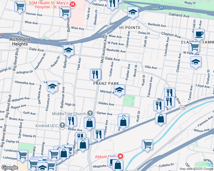map of restaurants, bars, coffee shops, grocery stores, and more near 6904 Plateau Avenue in St. Louis