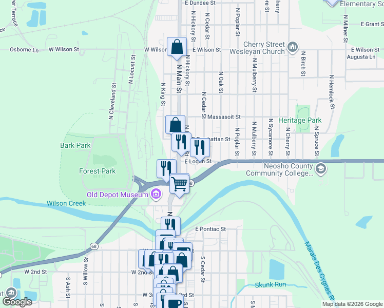 map of restaurants, bars, coffee shops, grocery stores, and more near 507 North Hickory Street in Ottawa