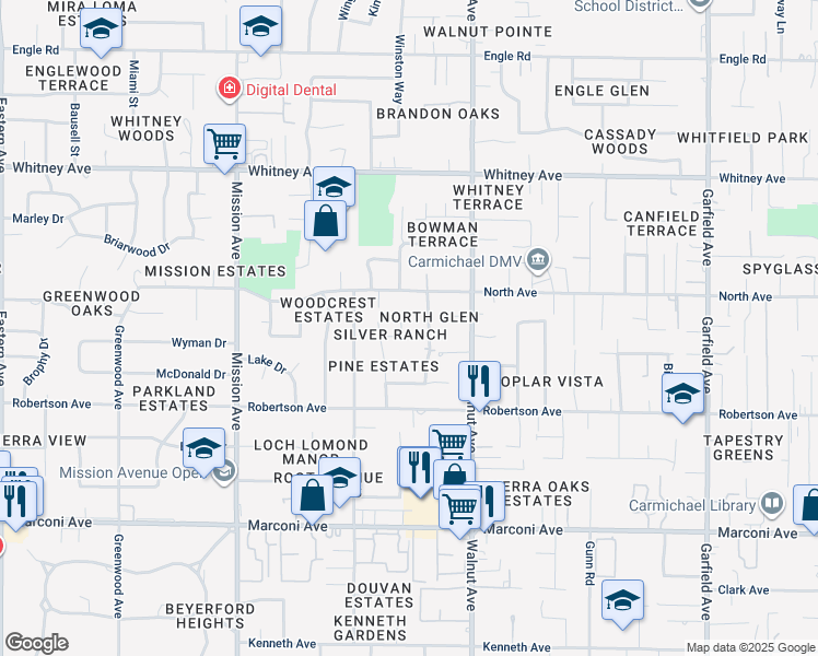map of restaurants, bars, coffee shops, grocery stores, and more near 4954 Silver Ranch Way in Carmichael