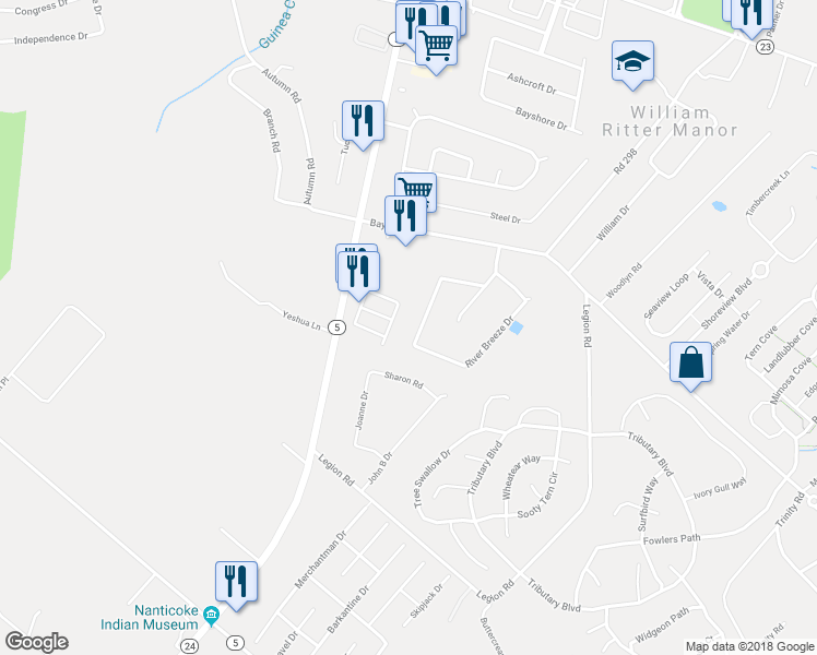 map of restaurants, bars, coffee shops, grocery stores, and more near 26647 River Breeze Drive in Millsboro