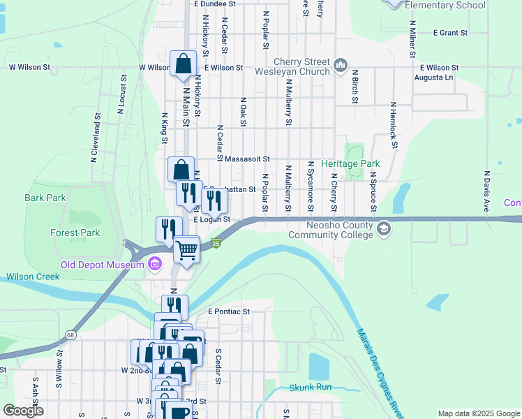 map of restaurants, bars, coffee shops, grocery stores, and more near 510 North Poplar Street in Ottawa