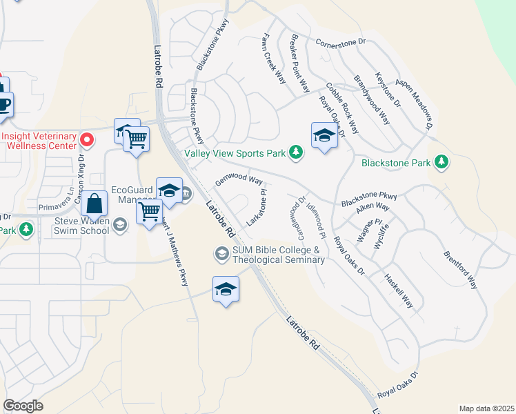 map of restaurants, bars, coffee shops, grocery stores, and more near 2065 Larkstone Place in El Dorado Hills