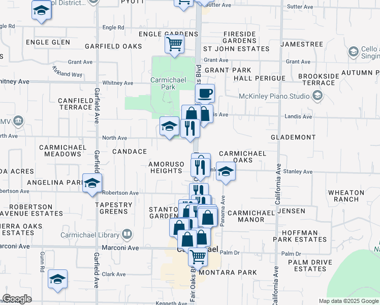 map of restaurants, bars, coffee shops, grocery stores, and more near 6733 Fair Oaks Boulevard in Carmichael