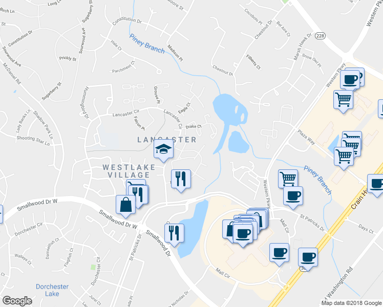 map of restaurants, bars, coffee shops, grocery stores, and more near 4135 Bluebird Dr in Waldorf