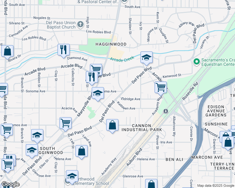 map of restaurants, bars, coffee shops, grocery stores, and more near 3077 Del Paso Boulevard in Sacramento