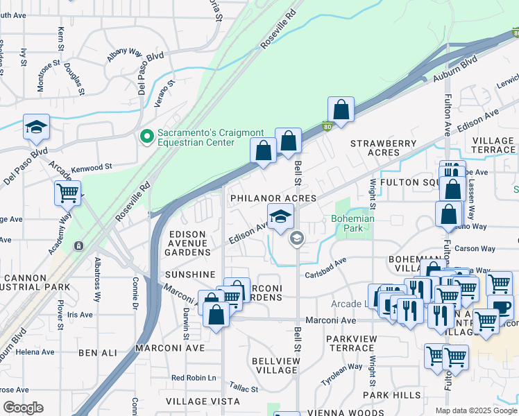 map of restaurants, bars, coffee shops, grocery stores, and more near 2216 Dunlap Drive in Sacramento