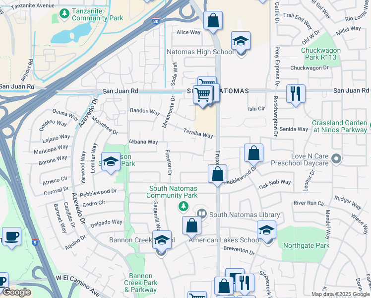 map of restaurants, bars, coffee shops, grocery stores, and more near 1691 Tourney Way in Sacramento