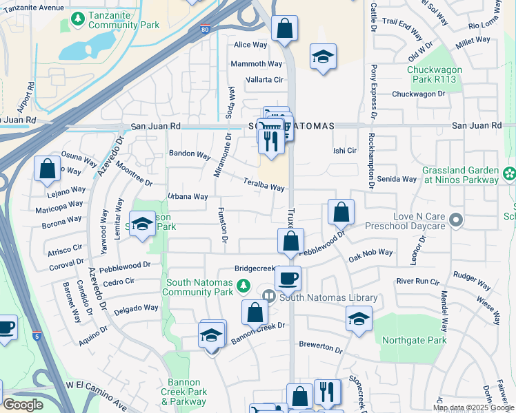 map of restaurants, bars, coffee shops, grocery stores, and more near 1691 Tourney Way in Sacramento