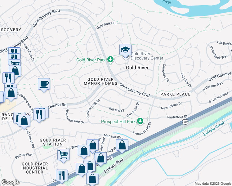 map of restaurants, bars, coffee shops, grocery stores, and more near 11588 Prospect Hill Drive in Gold River