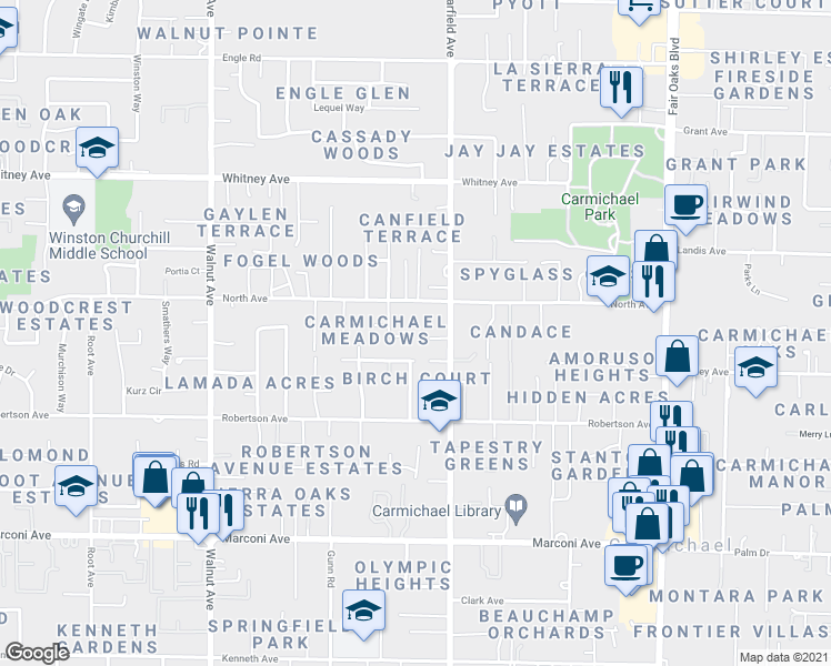 map of restaurants, bars, coffee shops, grocery stores, and more near 3138 Cabriolet Court in Carmichael