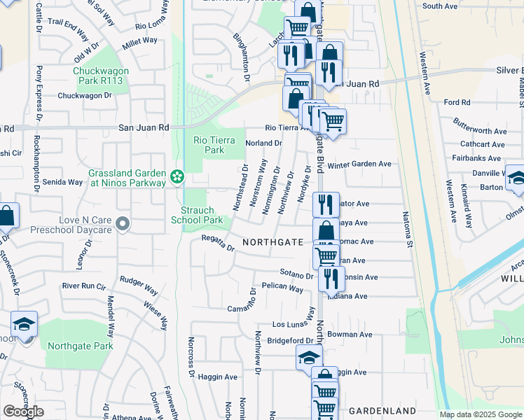 map of restaurants, bars, coffee shops, grocery stores, and more near 3153 Normington Drive in Sacramento