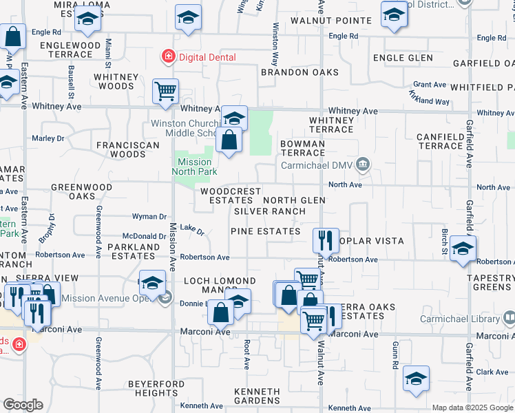 map of restaurants, bars, coffee shops, grocery stores, and more near 3219 Kaiser Court in Carmichael
