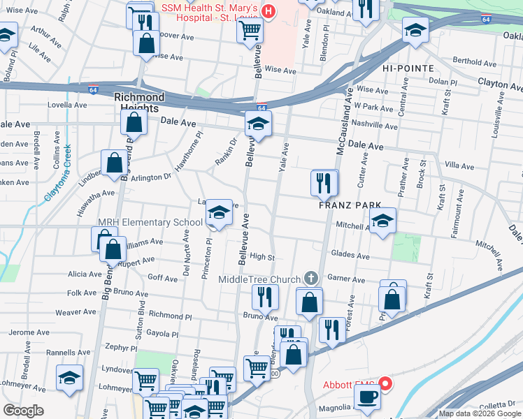 map of restaurants, bars, coffee shops, grocery stores, and more near 7212 Arlington Drive in Richmond Heights