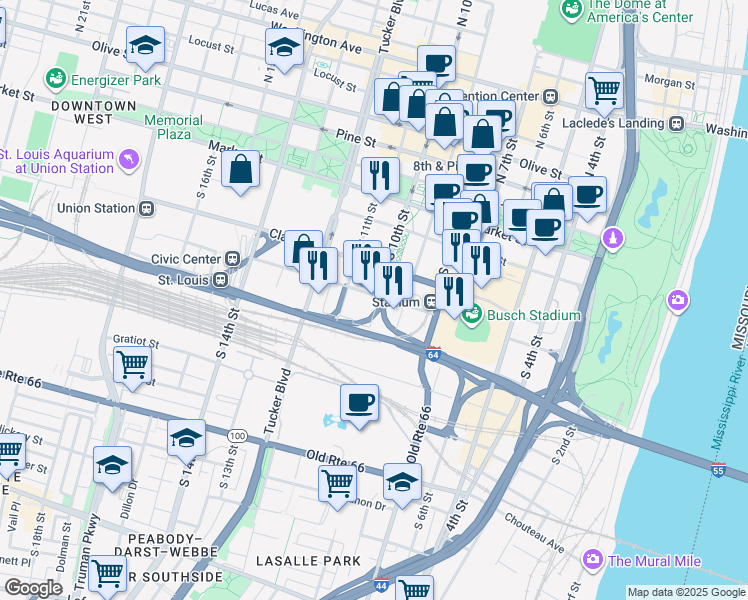 map of restaurants, bars, coffee shops, grocery stores, and more near 1004 Spruce Street in St. Louis