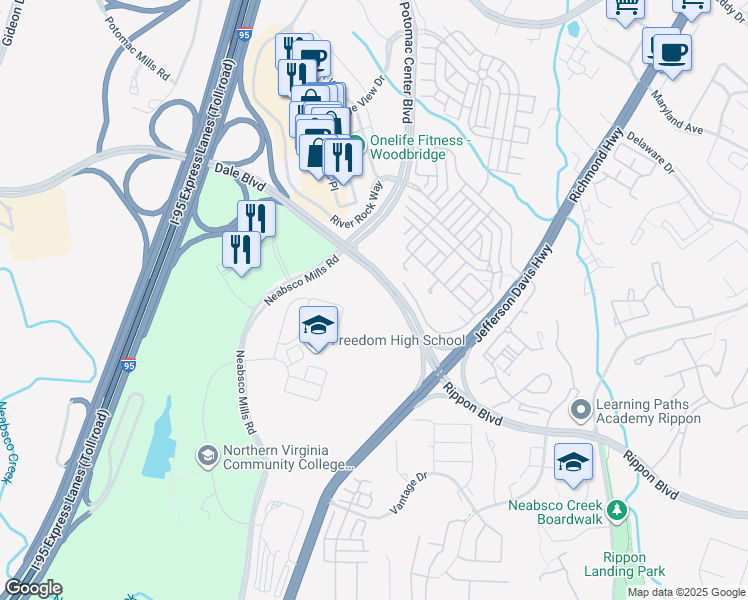 map of restaurants, bars, coffee shops, grocery stores, and more near 15200 Leicestershire Street in Woodbridge