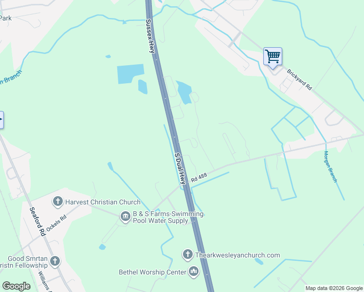 map of restaurants, bars, coffee shops, grocery stores, and more near 26321 Sussex Highway in Seaford