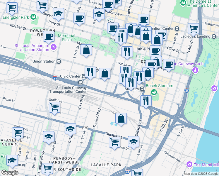 map of restaurants, bars, coffee shops, grocery stores, and more near 418 South Tucker Boulevard in St. Louis