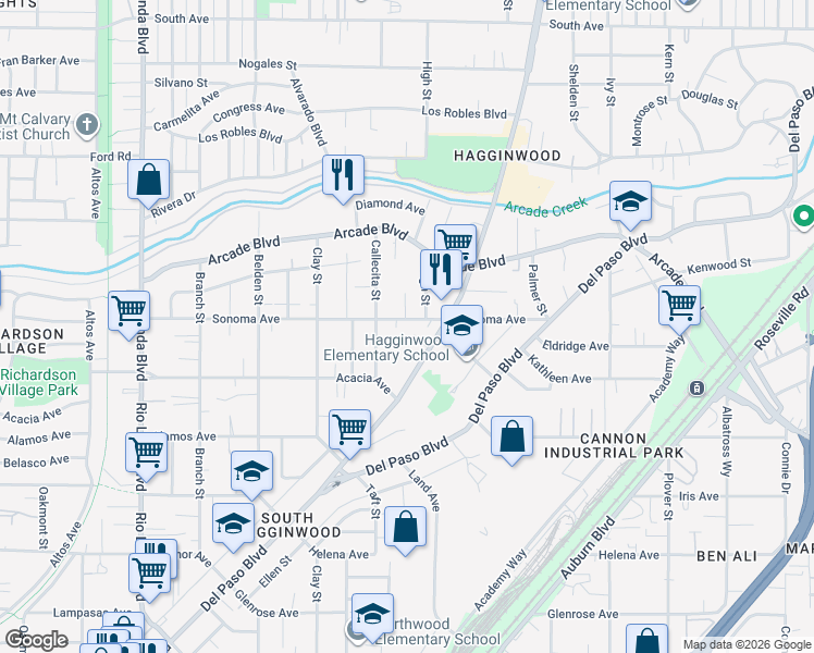 map of restaurants, bars, coffee shops, grocery stores, and more near 1360 Sonoma Avenue in Sacramento