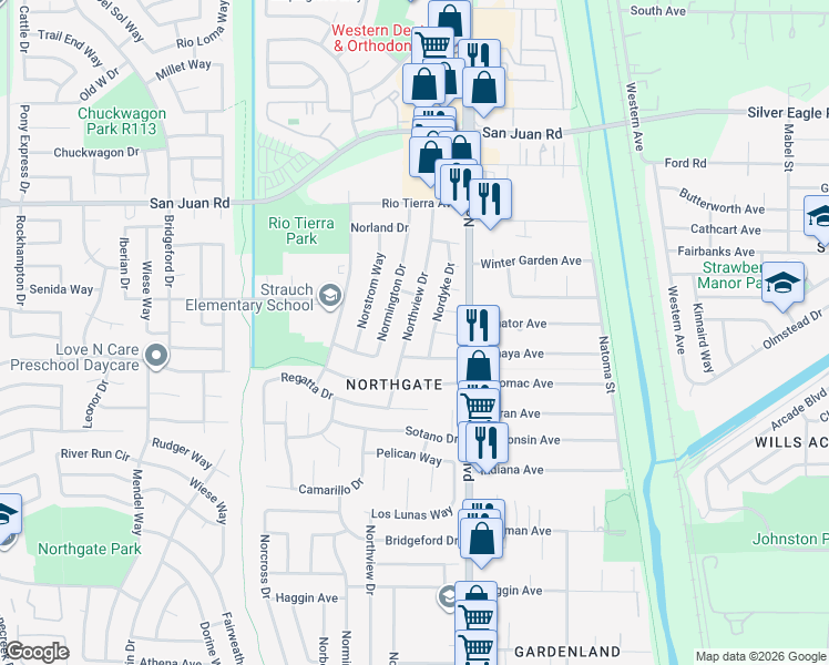 map of restaurants, bars, coffee shops, grocery stores, and more near 3170 Northview Drive in Sacramento