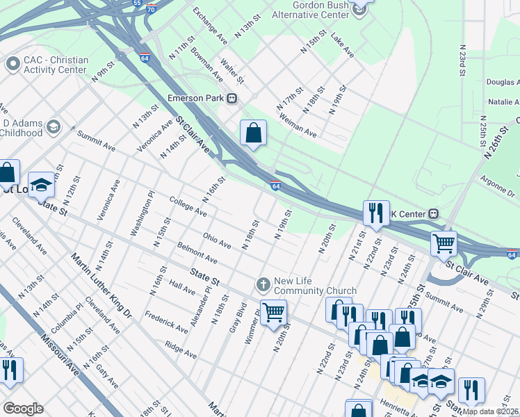 map of restaurants, bars, coffee shops, grocery stores, and more near 1801 Summit Avenue in East St. Louis